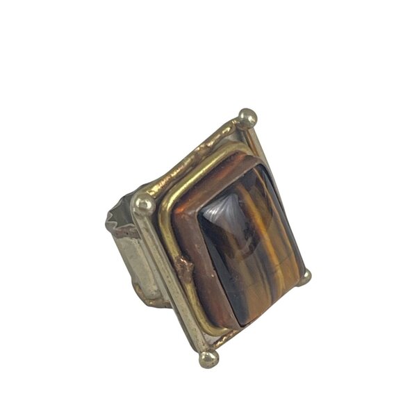Vintage Gold-Plated Statement Ring With Rectangular Tigers Eye Gemstone & Adjust - Picture 3 of 9